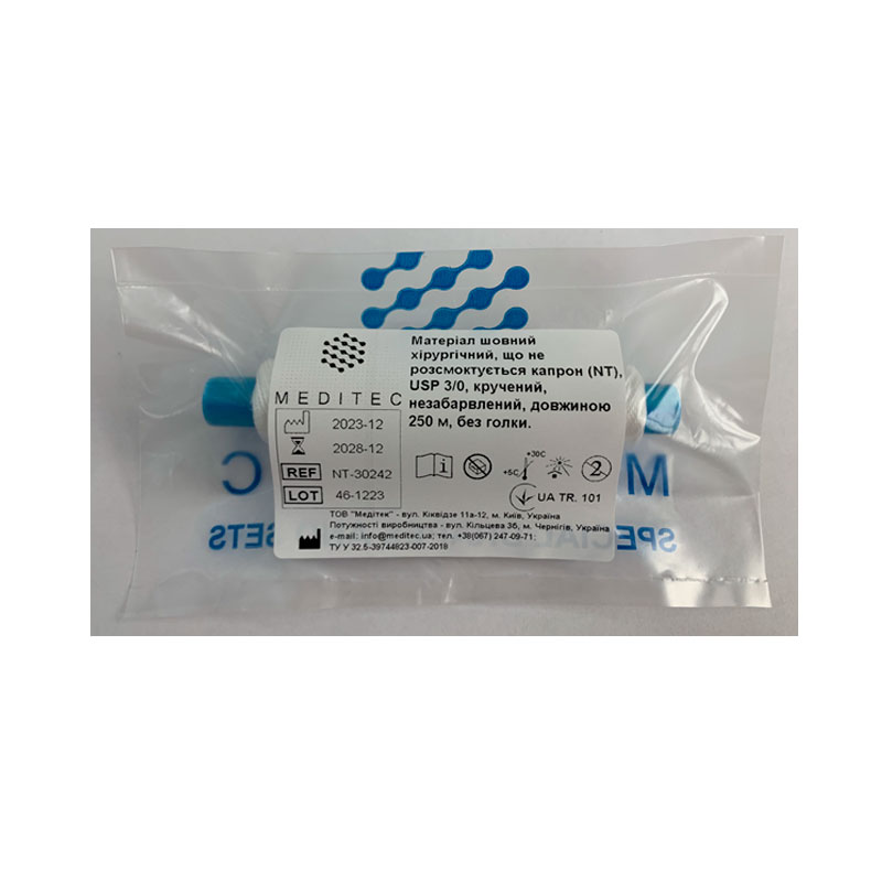 Матеріал шовний хірургічний, що не розсмоктується поліамід, USP 3/0 кручений, білий, довжиною 250 м, без голки.